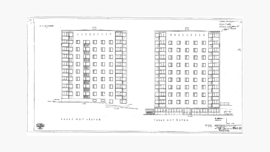 Ritning i skala 1:100 över de västra och östra fasaderna av fastigheten London 11 från den 23 maj 1961. 